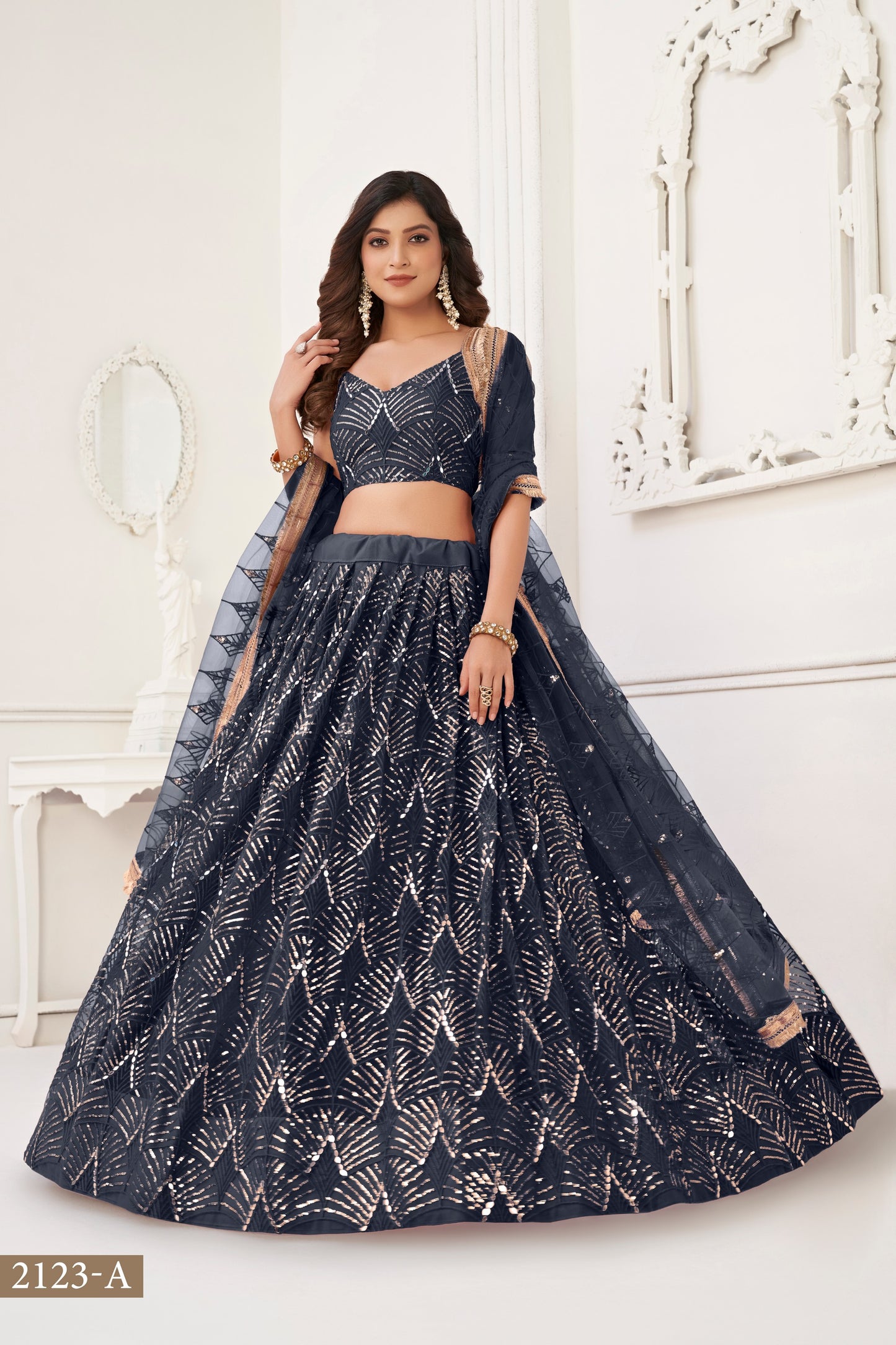 Charcoal Color Net Embroidered Lehenga Choli For Indian Festival & Weddings - Embroidery Work