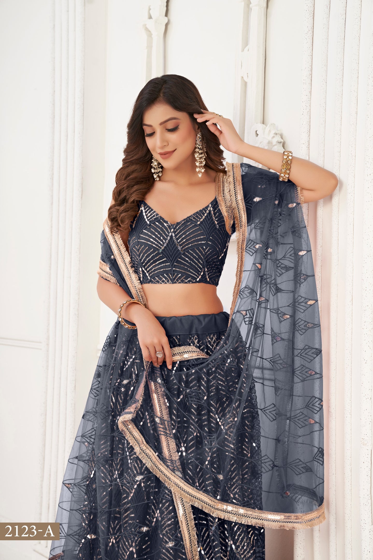 Charcoal Color Net Embroidered Lehenga Choli For Indian Festival & Weddings - Embroidery Work
