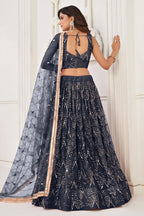 Charcoal Color Net Embroidered Lehenga Choli For Indian Festival & Weddings - Embroidery Work