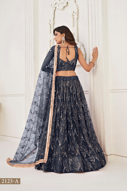 Charcoal Color Net Embroidered Lehenga Choli For Indian Festival & Weddings - Embroidery Work