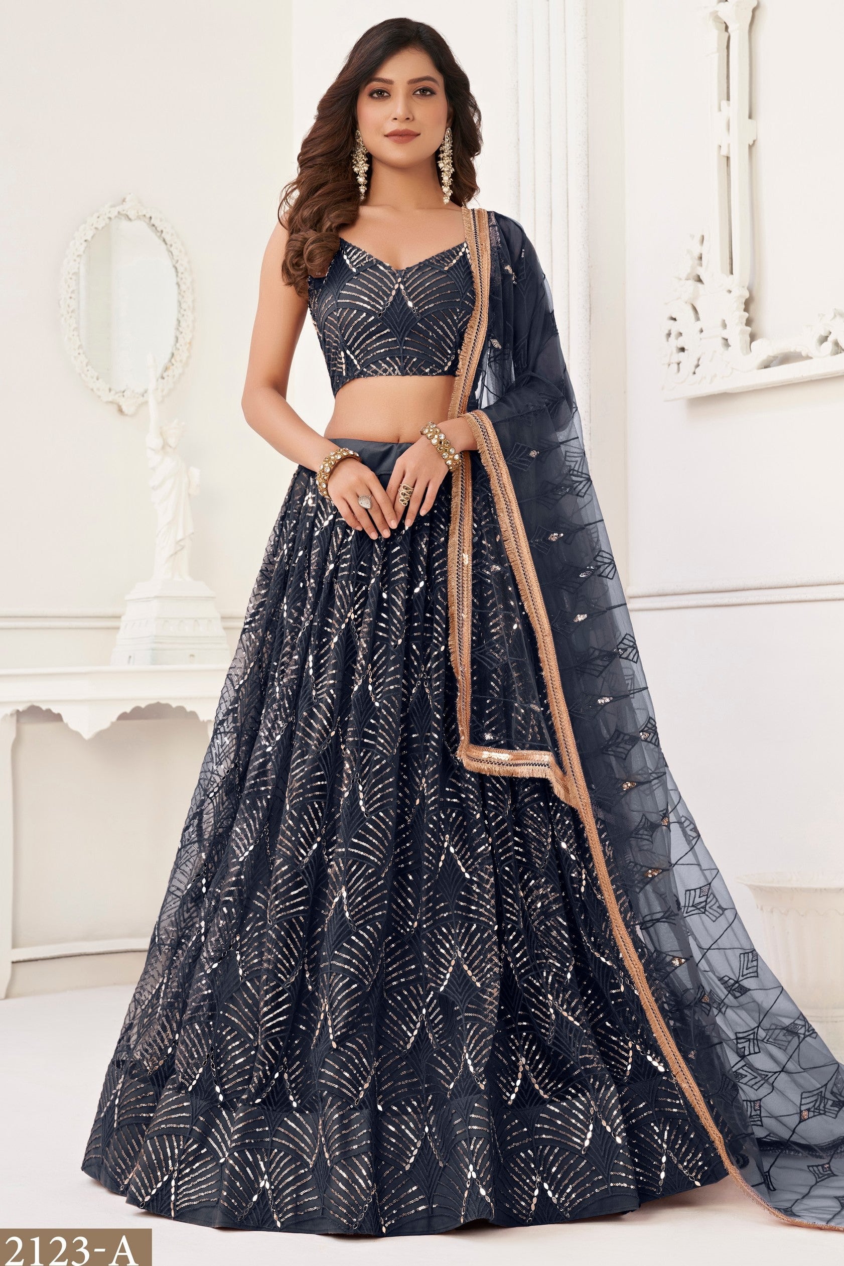 Charcoal Color Net Embroidered Lehenga Choli For Indian Festival & Weddings - Embroidery Work