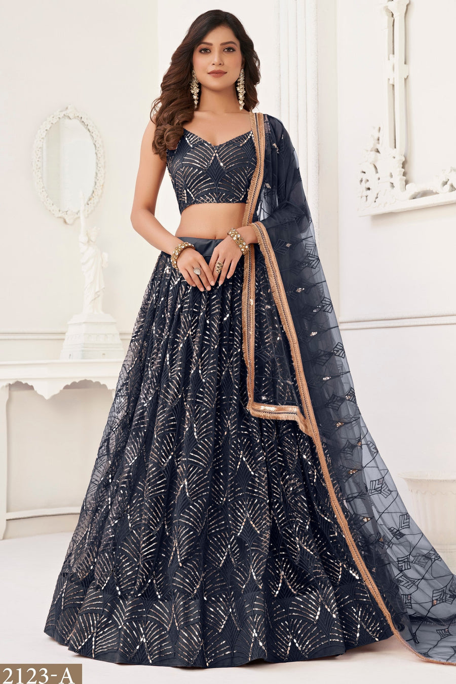 Charcoal Color Net Embroidered Lehenga Choli For Indian Festival & Weddings - Embroidery Work