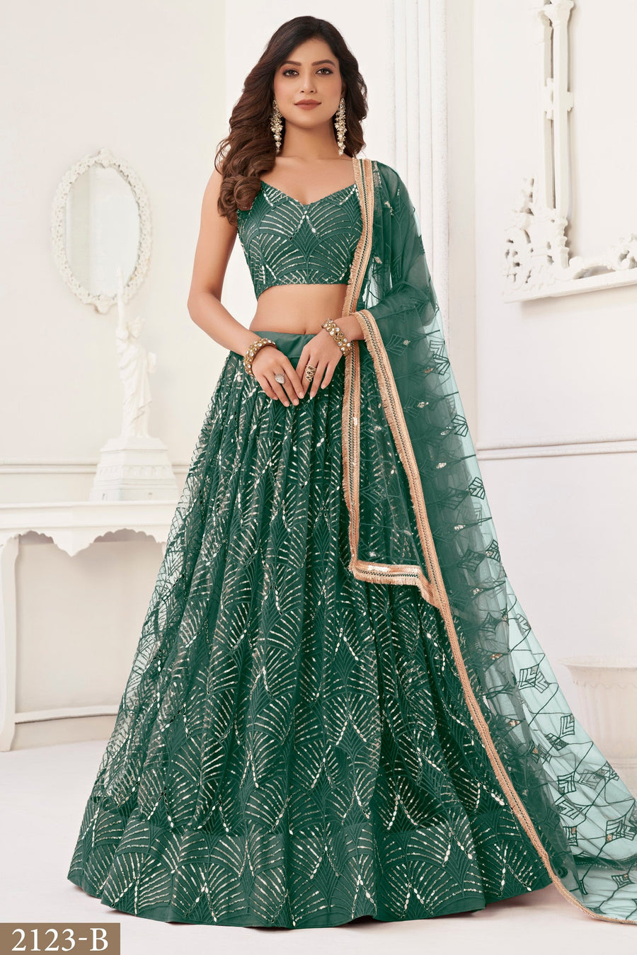 Charcoal Color Net Embroidered Lehenga Choli For Indian Festival & Weddings - Embroidery Work
