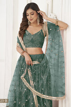 Teal Net Embroidered Lehenga Choli For Indian Festival & Weddings - Embroidery Work