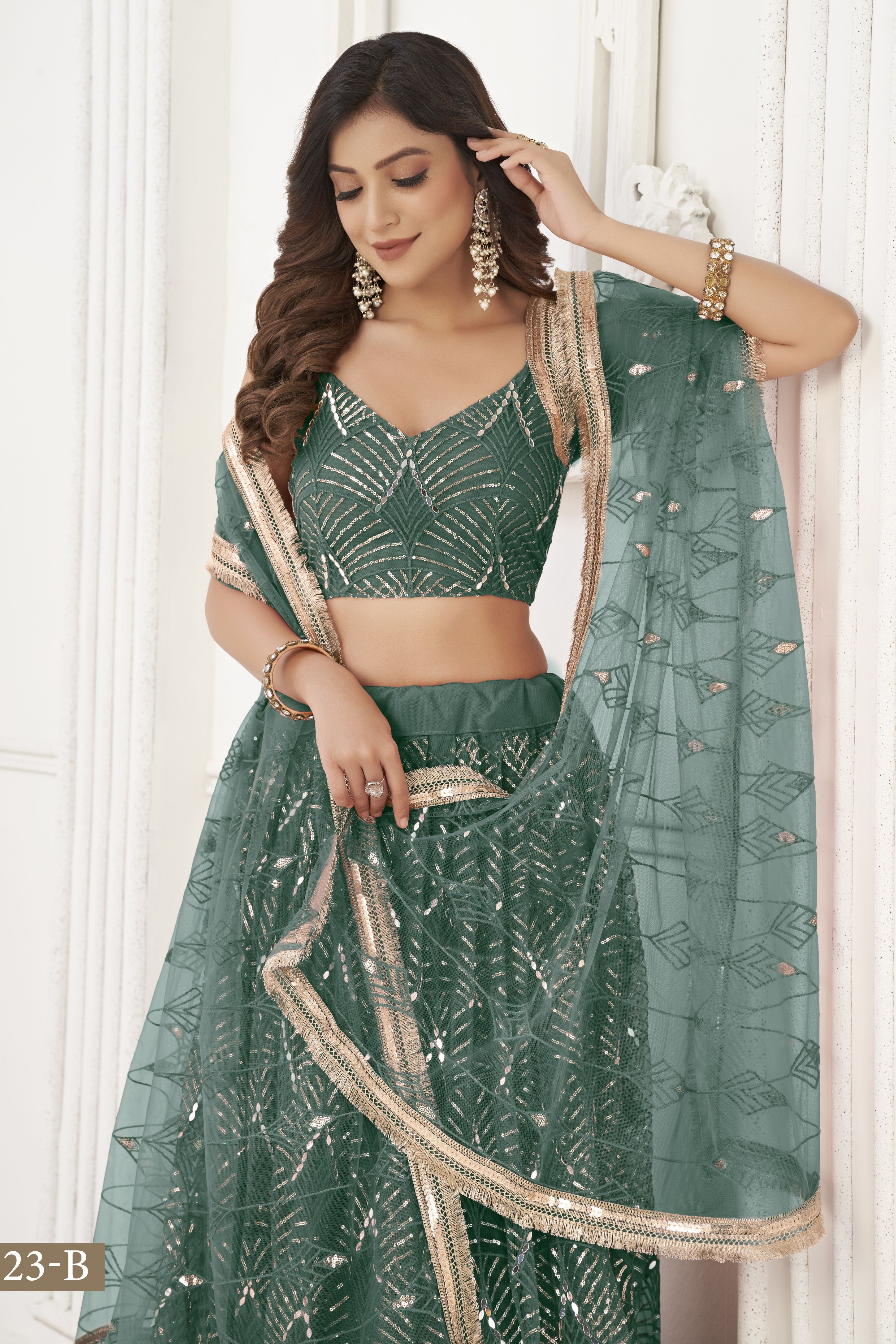 Teal Net Embroidered Lehenga Choli For Indian Festival & Weddings - Embroidery Work