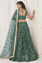 Teal Net Embroidered Lehenga Choli For Indian Festival & Weddings - Embroidery Work
