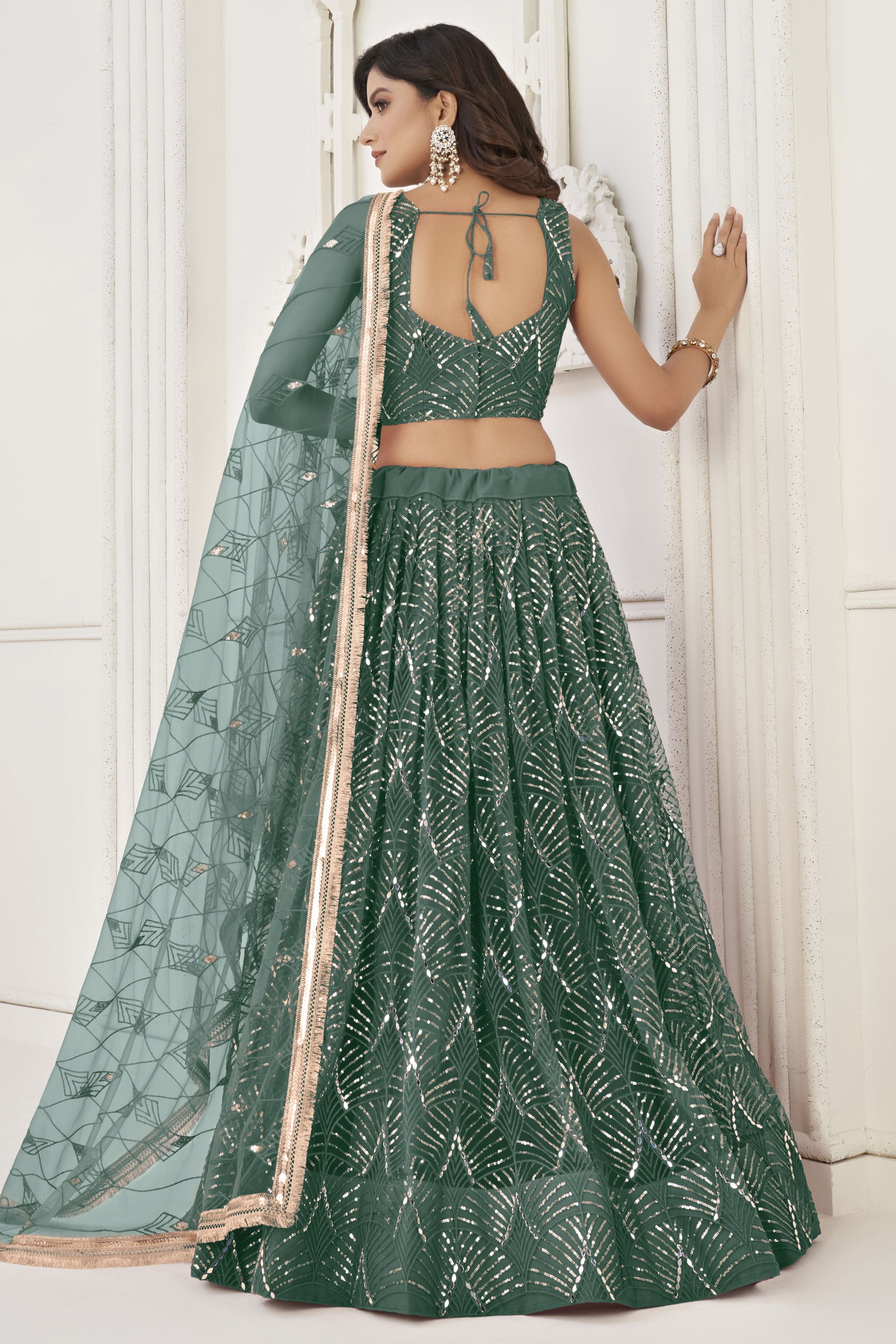 Teal Net Embroidered Lehenga Choli For Indian Festival & Weddings - Embroidery Work