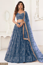 Charcoal Color Net Embroidered Lehenga Choli For Indian Festival & Weddings - Embroidery Work