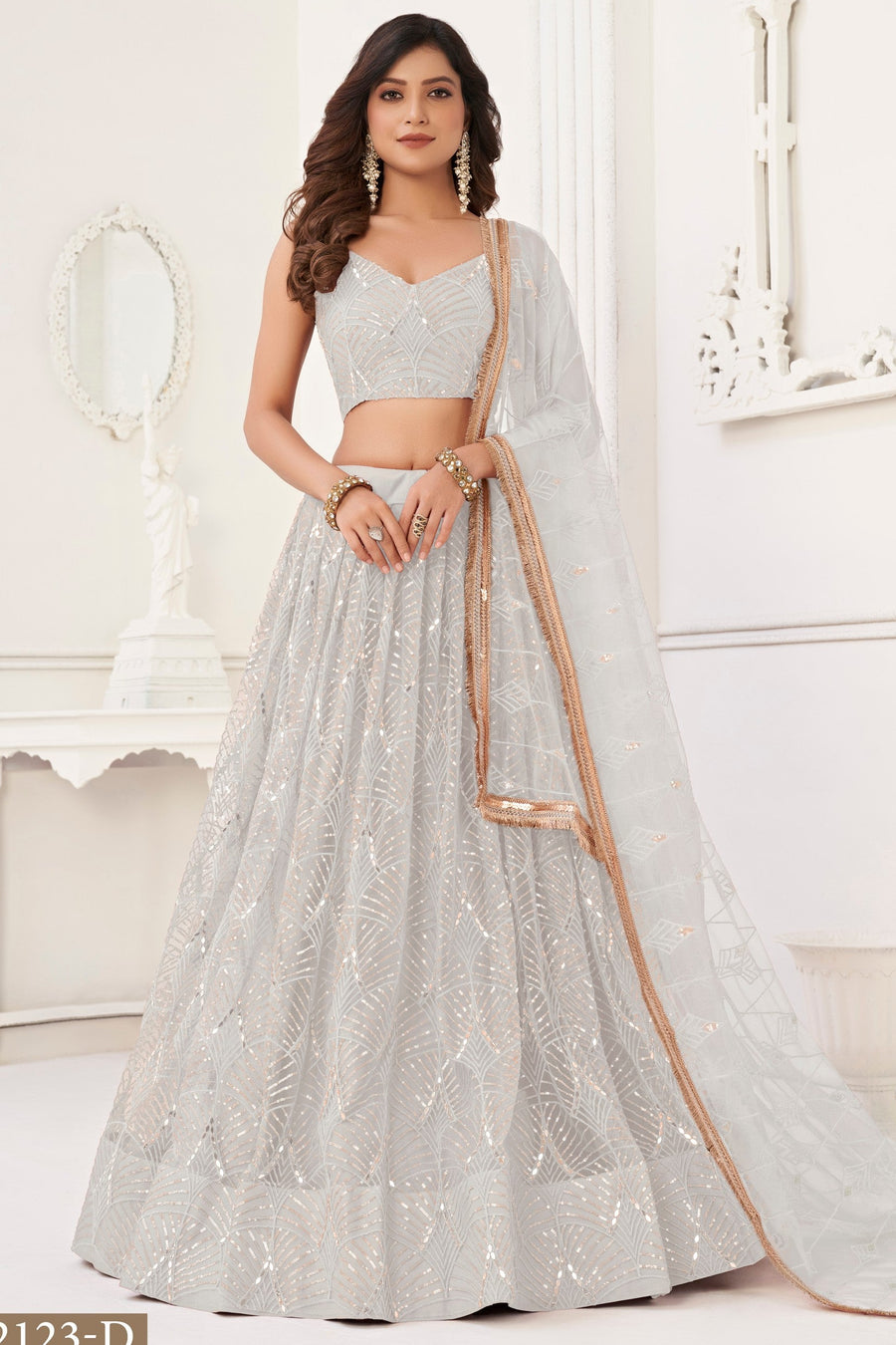 Charcoal Color Net Embroidered Lehenga Choli For Indian Festival & Weddings - Embroidery Work