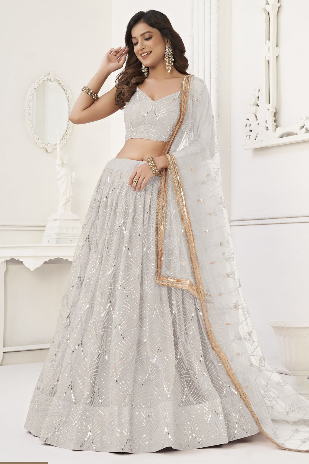 White Net Embroidered Lehenga Choli For Indian Festival & Weddings - Embroidery Work