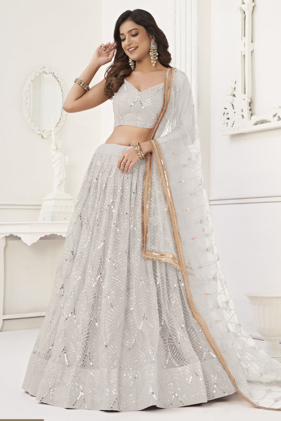 White Net Embroidered Lehenga Choli For Indian Festival & Weddings - Embroidery Work