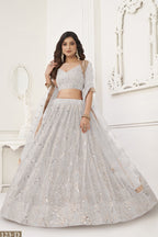 White Net Embroidered Lehenga Choli For Indian Festival & Weddings - Embroidery Work