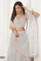 White Net Embroidered Lehenga Choli For Indian Festival & Weddings - Embroidery Work