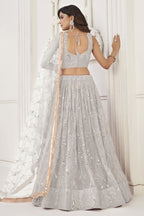 White Net Embroidered Lehenga Choli For Indian Festival & Weddings - Embroidery Work