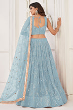 Sky Blue Net Lengha Dress for Engagement with Mirror and Embroidery Work