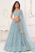 Sky Blue Net Lengha Dress for Engagement with Mirror and Embroidery Work