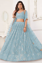 Sky Blue Net Lengha Dress for Engagement with Mirror and Embroidery Work