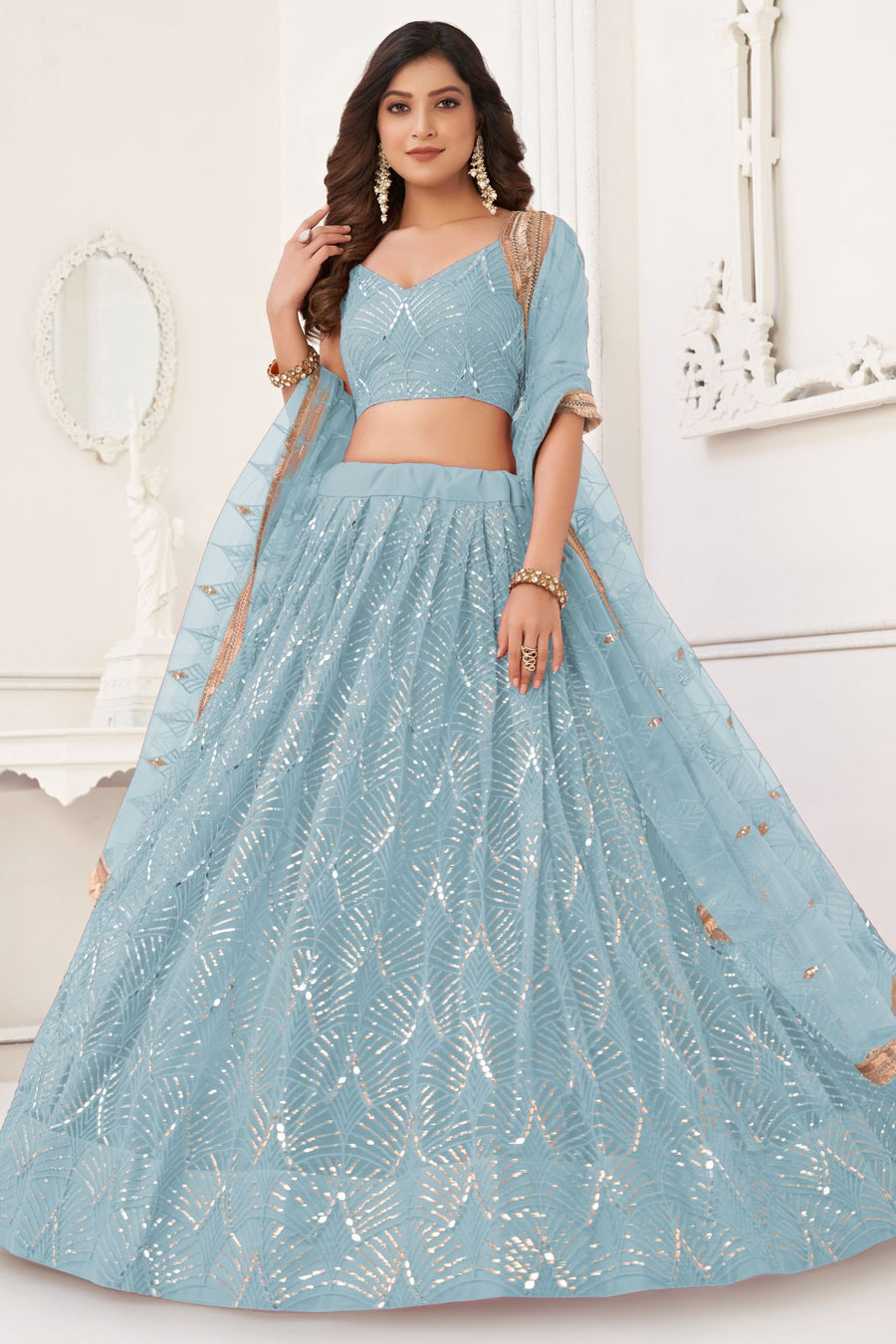 Sky Blue Net Lengha Dress for Engagement with Mirror and Embroidery Work