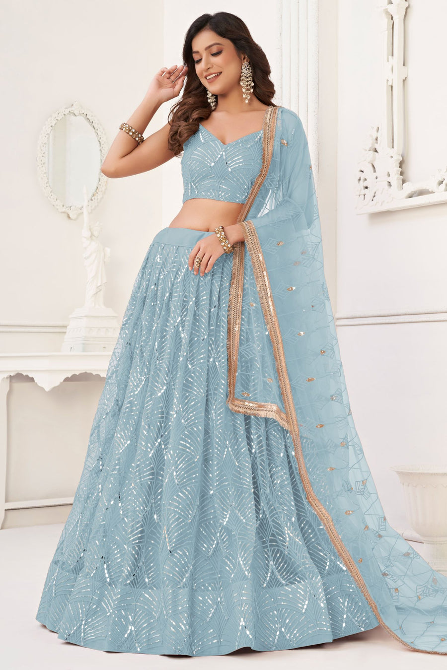 Sky Blue Net Lengha Dress for Engagement with Mirror and Embroidery Work