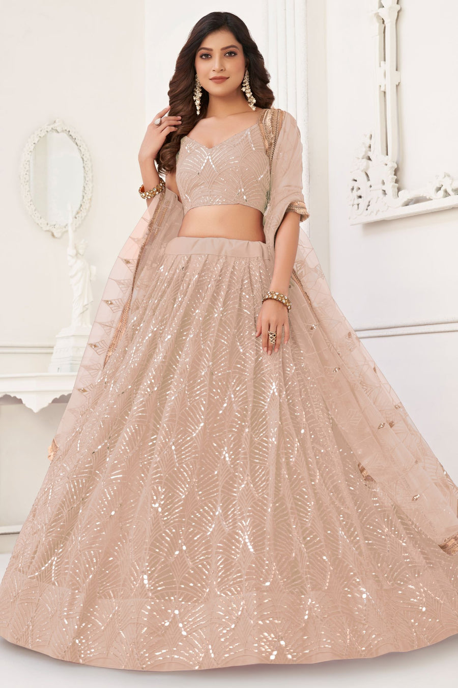 Rose Net Lengha Dress for Engagement with Sequin Work