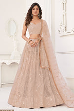 Champagne Net Lengha Dress for Engagement - Sequins Mirror Work