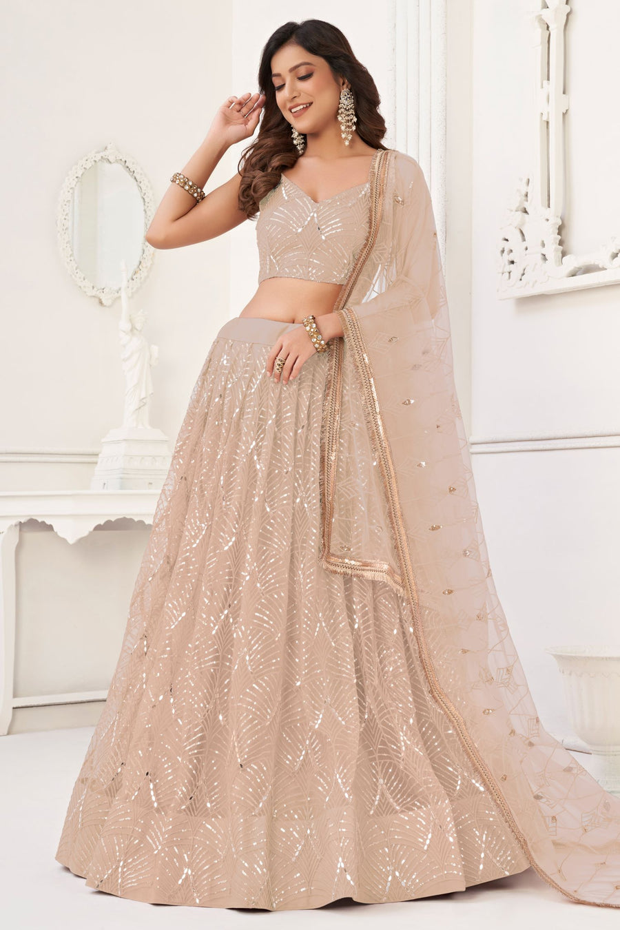 Rose Net Lengha Dress for Engagement with Sequin Work