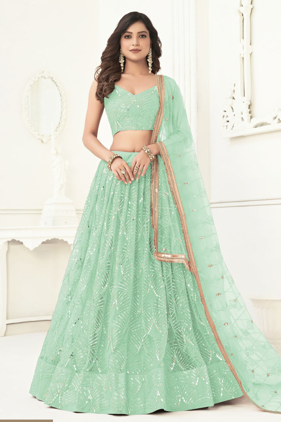 Pista Net Lengha Dress for Engagement with Sequin and Mirror Work