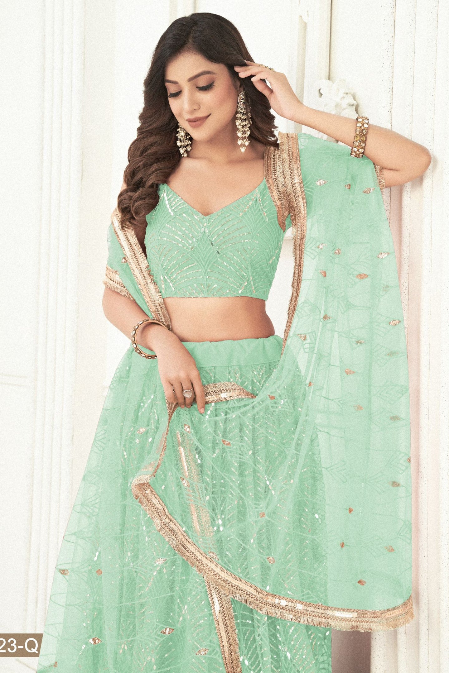 Pista Net Lengha Dress for Engagement with Sequin and Mirror Work
