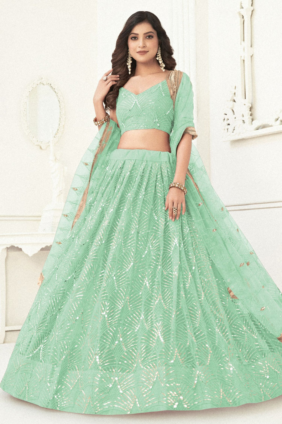 Pista Net Lengha Dress for Engagement with Sequin and Mirror Work
