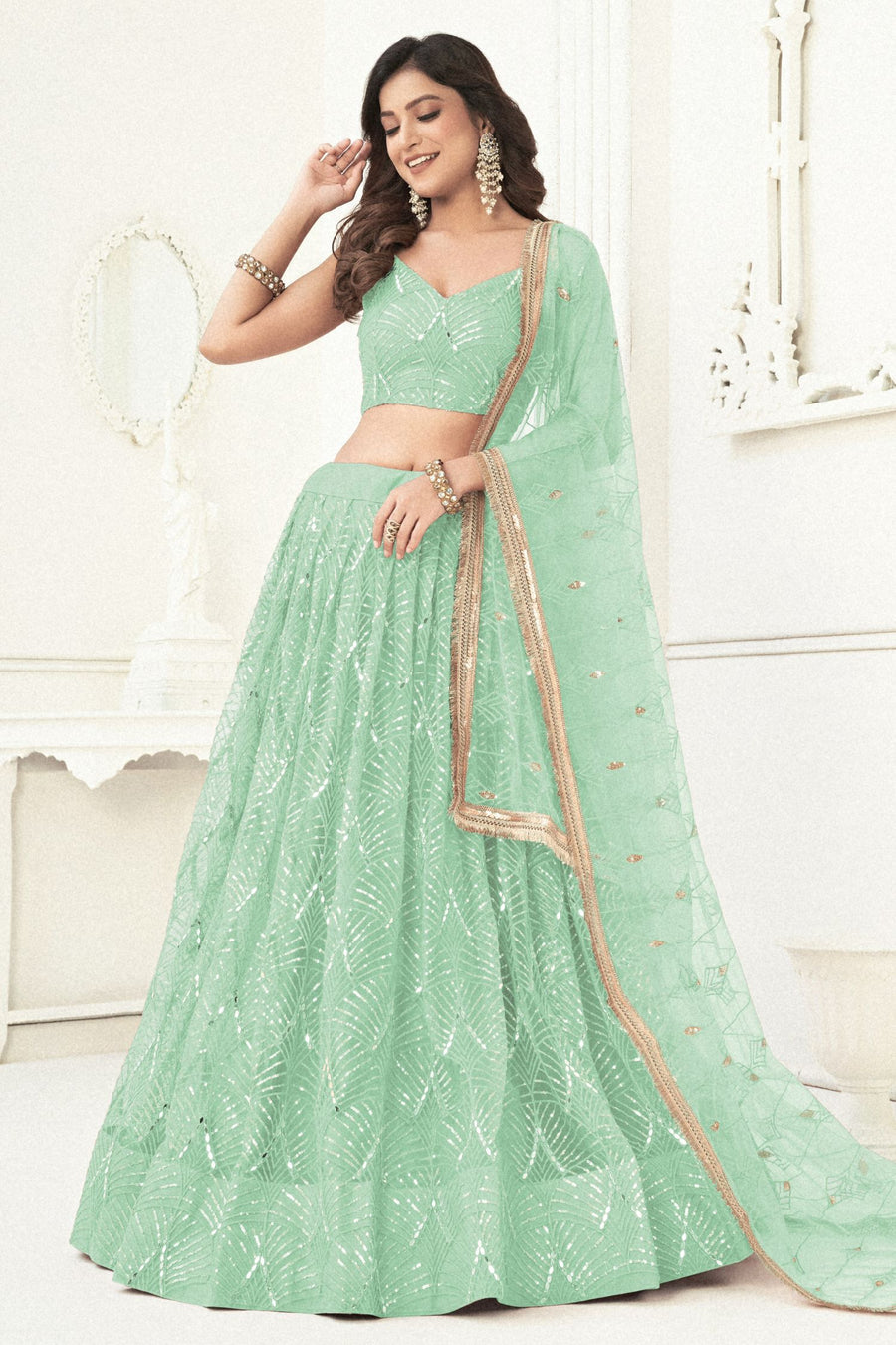Pista Net Lengha Dress for Engagement with Sequin and Mirror Work
