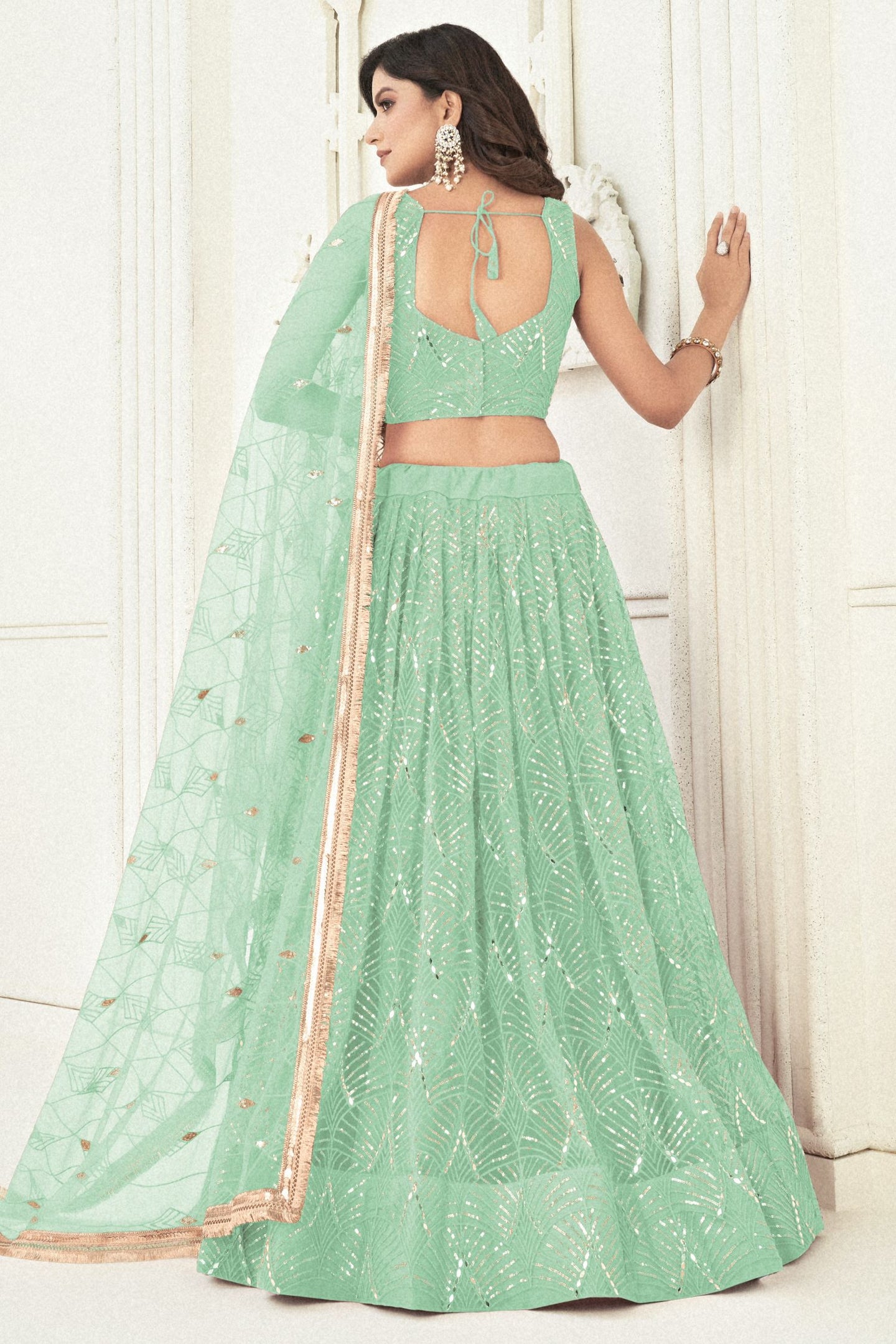 Pista Net Lengha Dress for Engagement with Sequin and Mirror Work