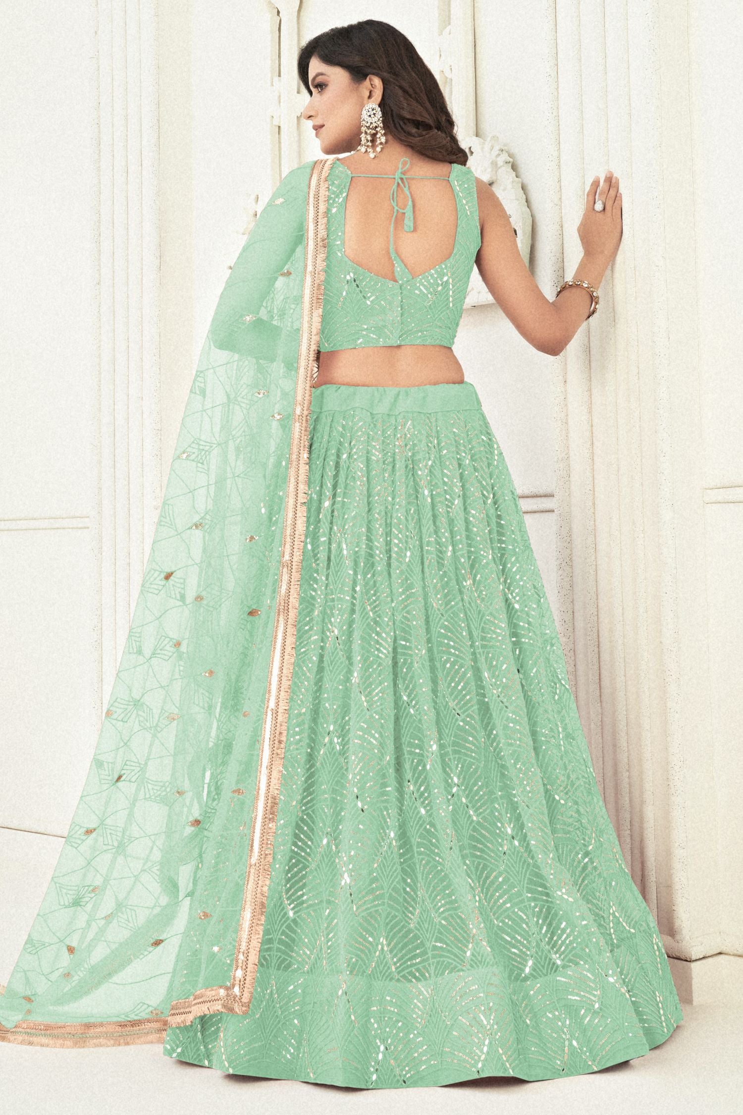 Pista Net Lengha Dress for Engagement with Sequin and Mirror Work