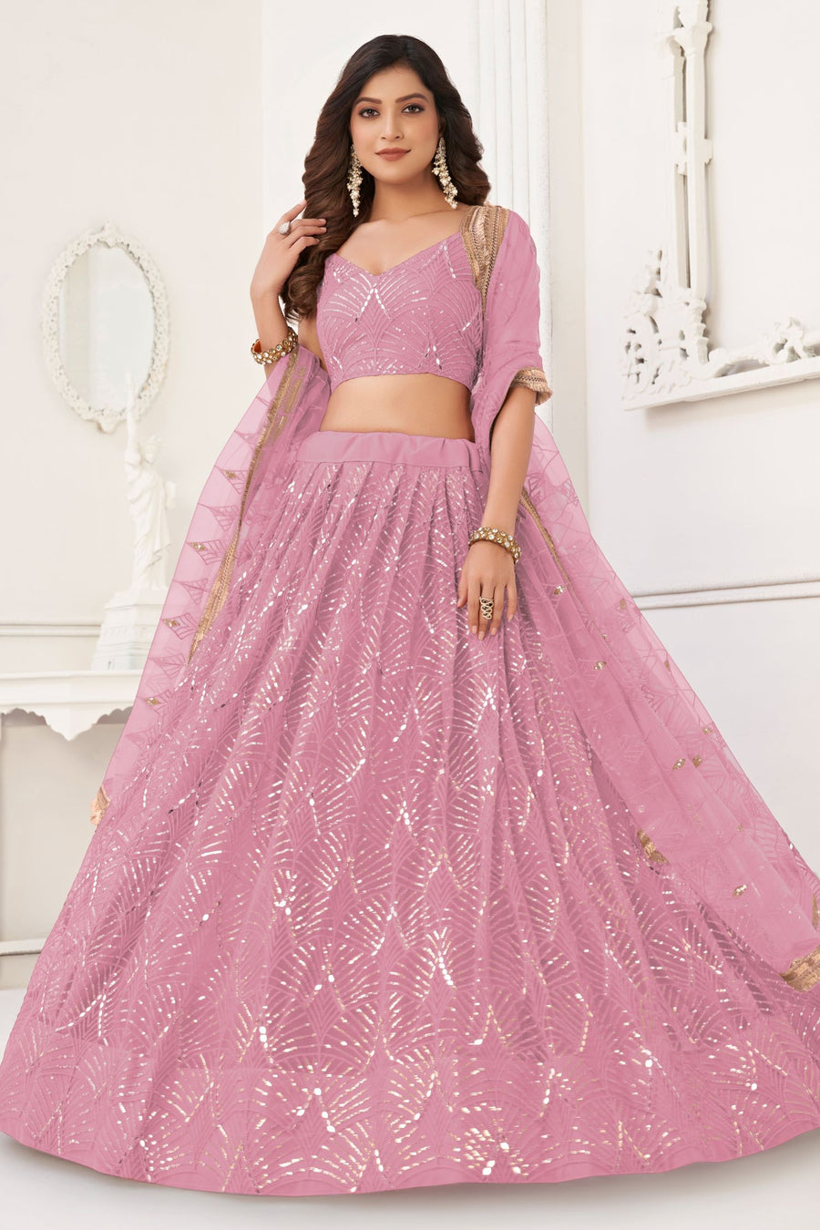 Pink Net Lengha Dress for Engagement with Mirror Work and Sequin Embroidery