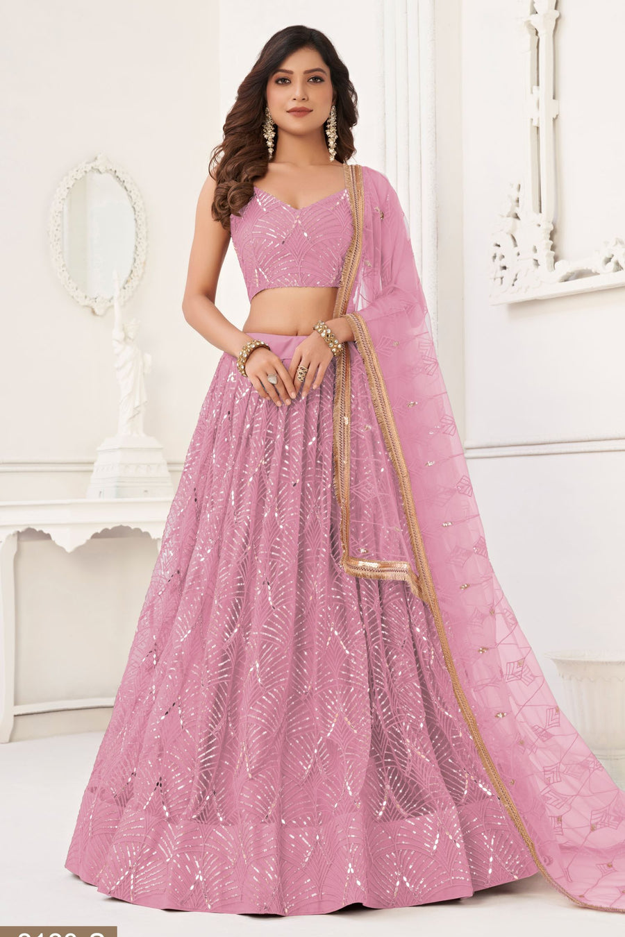 Pink Net Lengha Dress for Engagement with Mirror Work and Sequin Embroidery