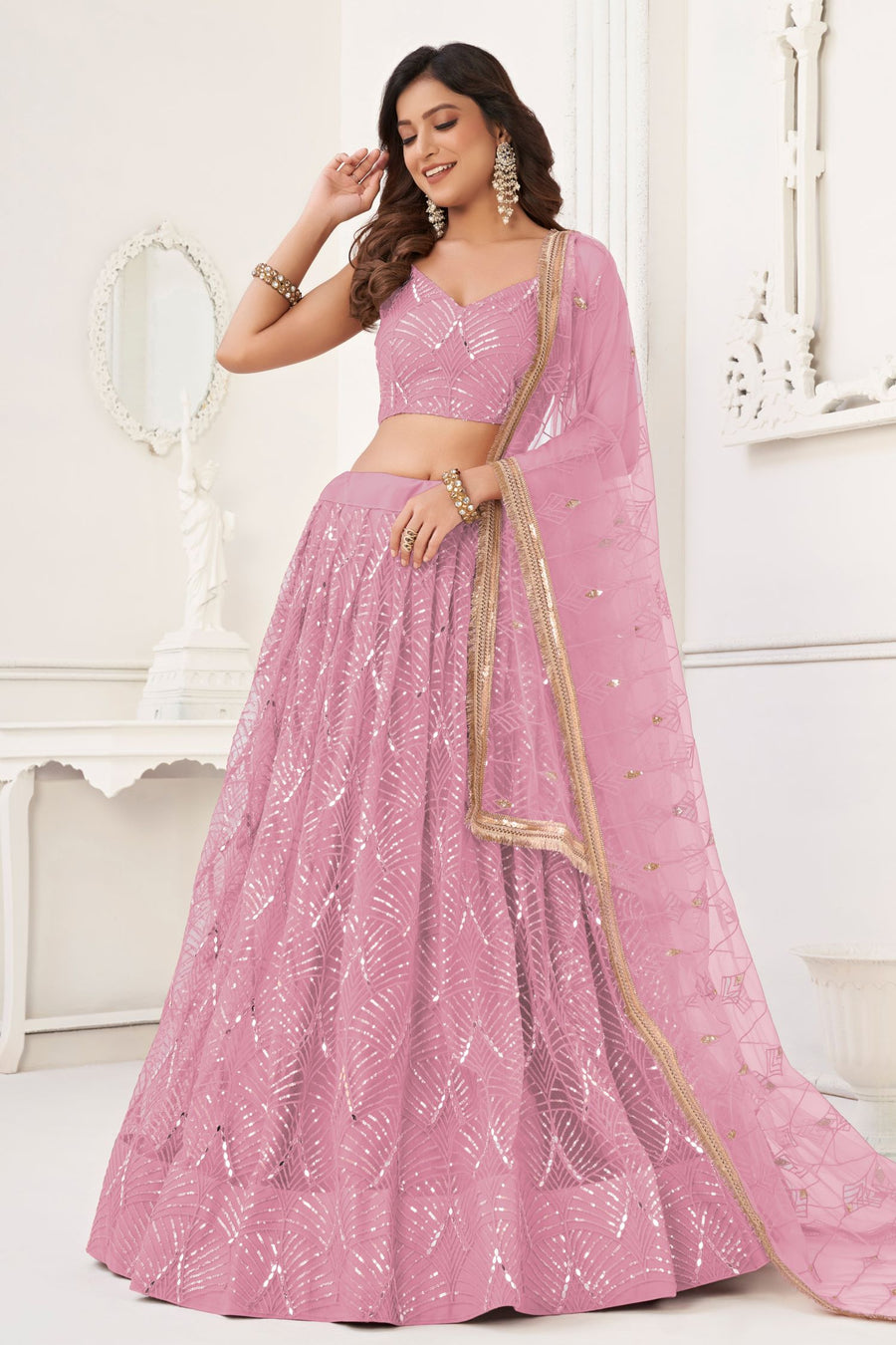 Pink Net Lengha Dress for Engagement with Mirror Work and Sequin Embroidery