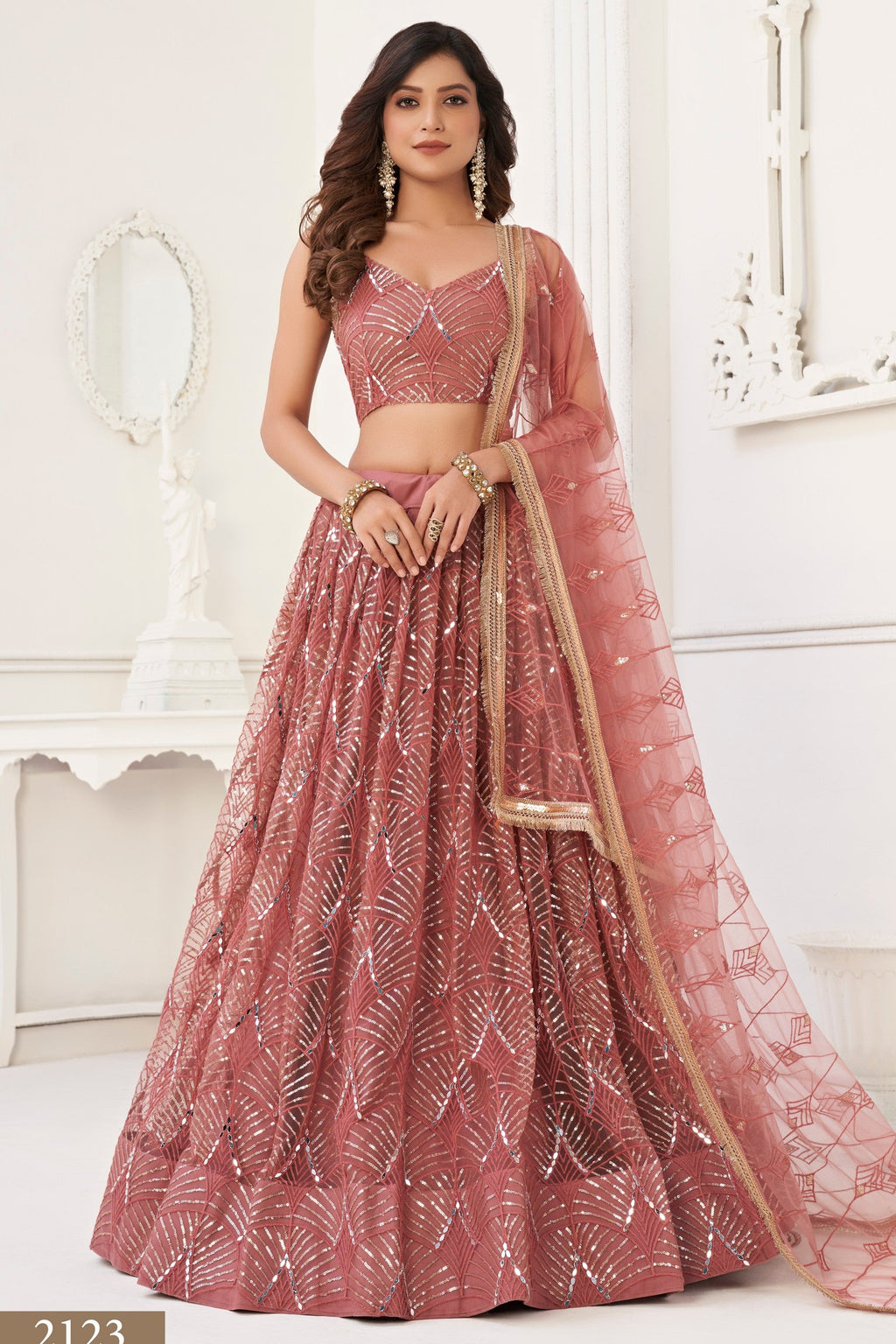 Charcoal Color Net Embroidered Lehenga Choli For Indian Festival & Weddings - Embroidery Work