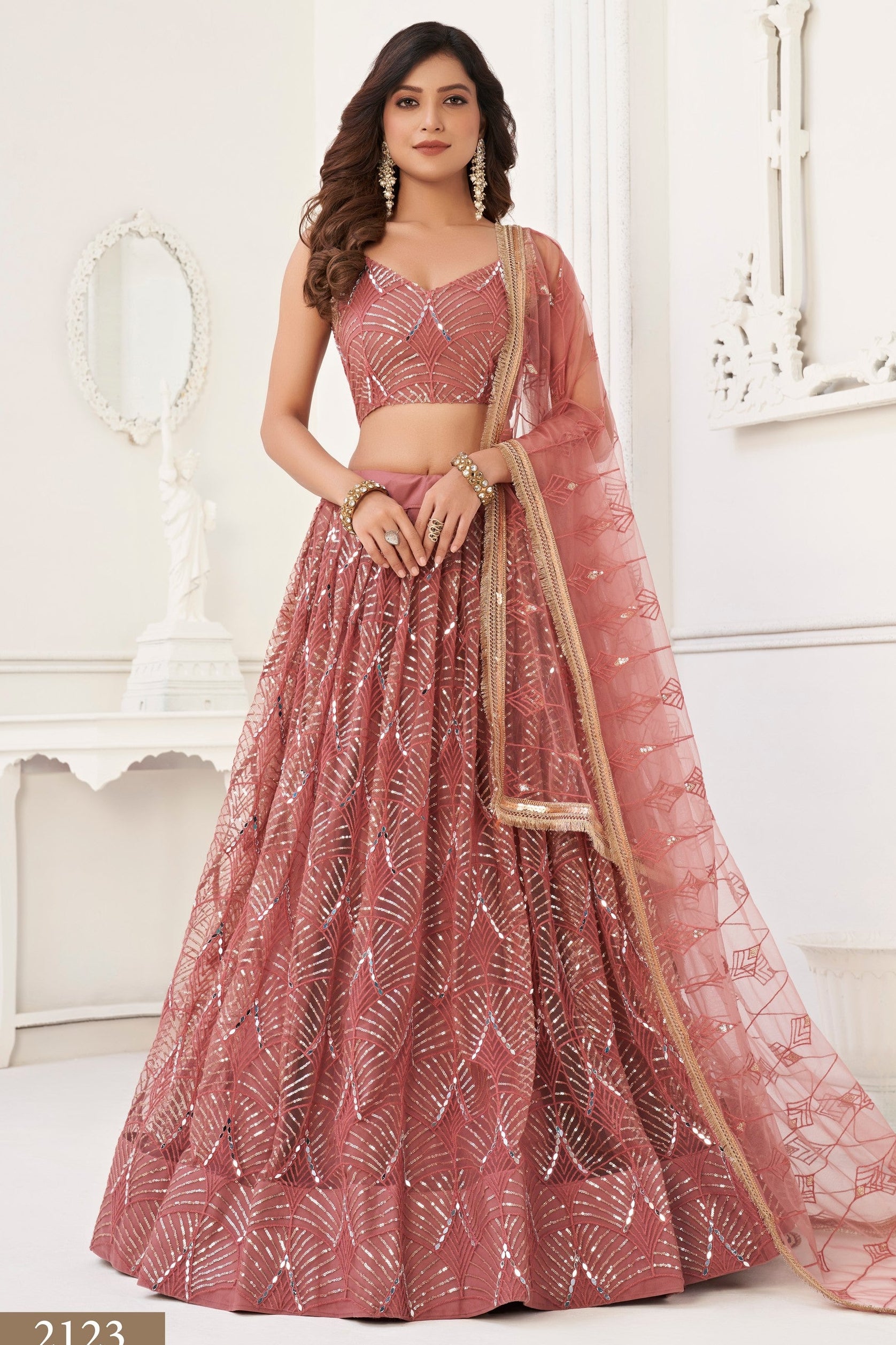 Charcoal Color Net Embroidered Lehenga Choli For Indian Festival & Weddings - Embroidery Work