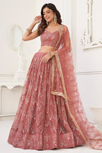 Blush Pink Net Embroidered Lehenga Choli For Indian Festival & Weddings - Embroidery Work, Real Mirror Work