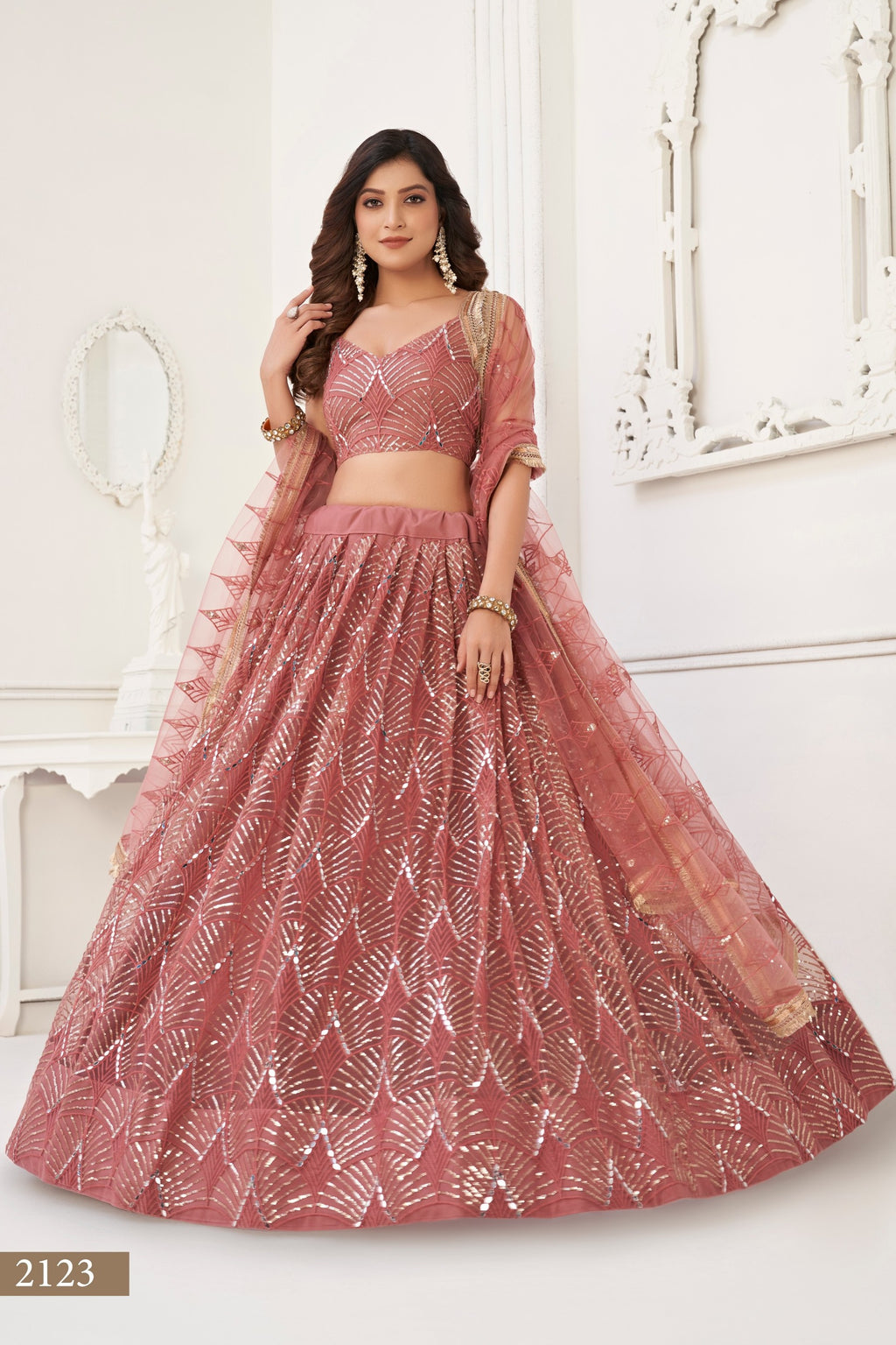 Blush Pink Net Embroidered Lehenga Choli For Indian Festival & Weddings - Embroidery Work, Real Mirror Work