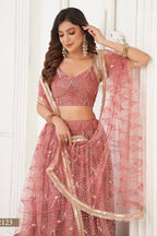 Blush Pink Net Embroidered Lehenga Choli For Indian Festival & Weddings - Embroidery Work, Real Mirror Work