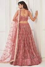 Blush Pink Net Embroidered Lehenga Choli For Indian Festival & Weddings - Embroidery Work, Real Mirror Work
