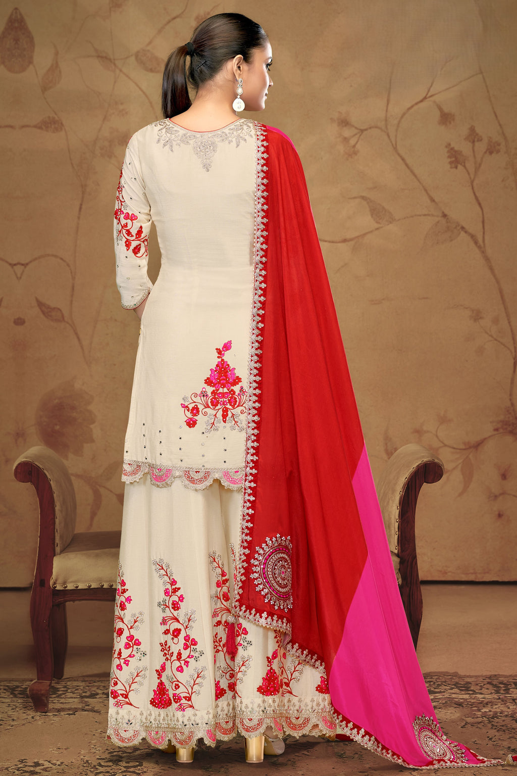 Cream Chinon Silk Palazzo Suit For Indian Wedding & Pakistani Festival - Thread Embroidery Work, Sequence Embroidery Work, Real Mirror Work, Print Work