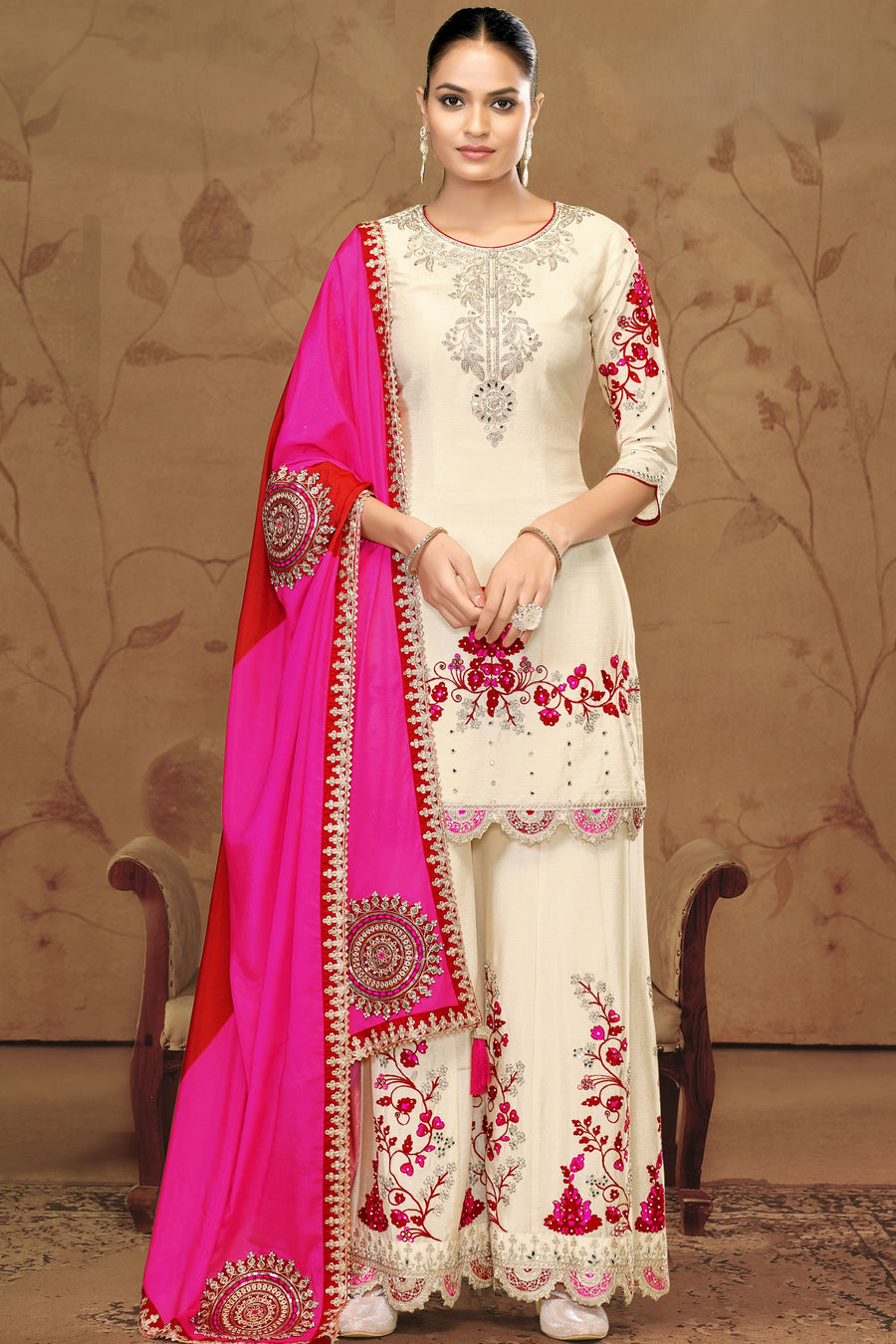 Cream Chinon Silk Palazzo Suit For Indian Wedding & Pakistani Festival - Thread Embroidery Work, Sequence Embroidery Work, Real Mirror Work, Print Work