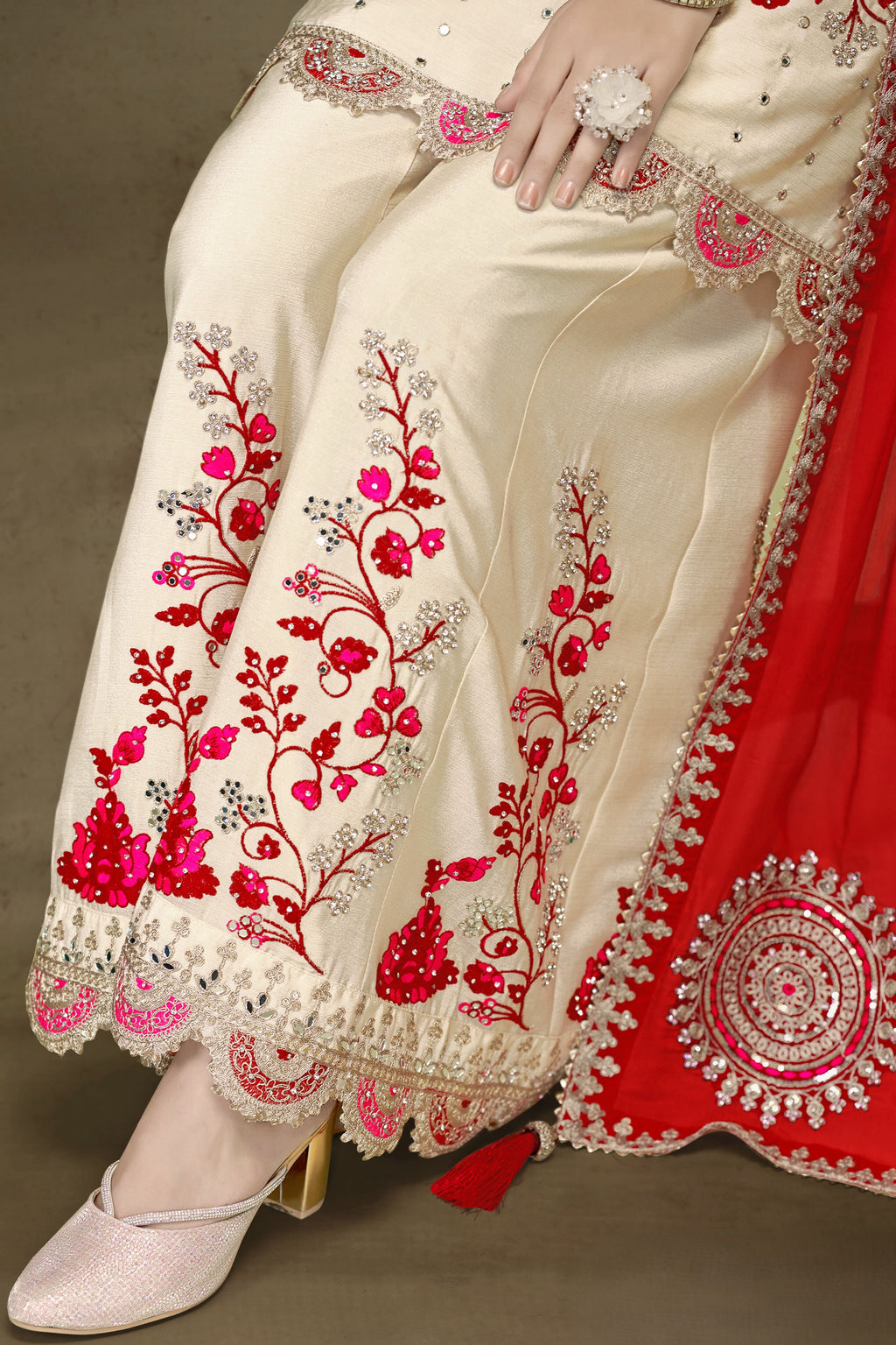 Cream Chinon Silk Palazzo Suit For Indian Wedding & Pakistani Festival - Thread Embroidery Work, Sequence Embroidery Work, Real Mirror Work, Print Work