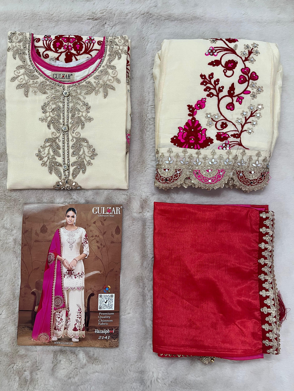 Cream Chinon Silk Palazzo Suit For Indian Wedding & Pakistani Festival - Thread Embroidery Work, Sequence Embroidery Work, Real Mirror Work, Print Work