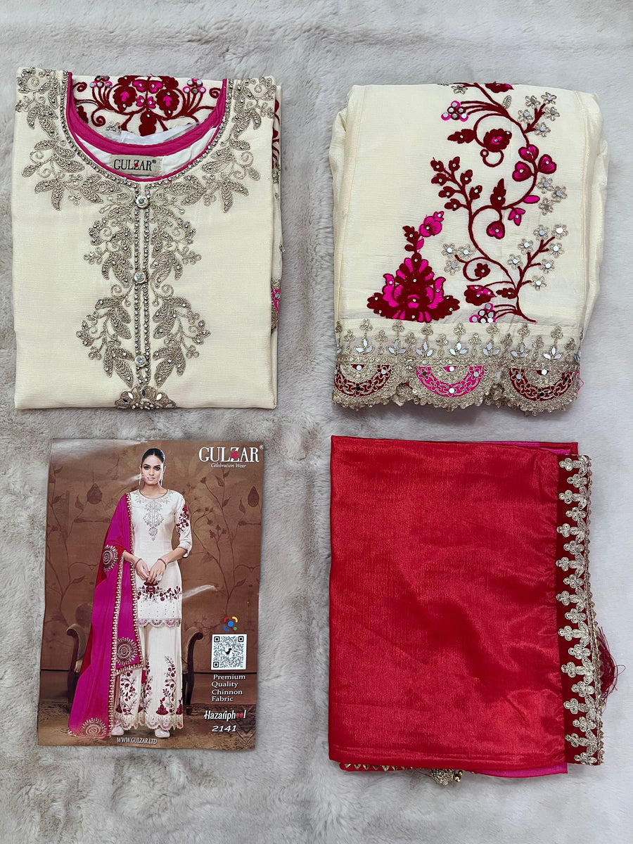 Cream Chinon Silk Palazzo Suit For Indian Wedding & Pakistani Festival - Thread Embroidery Work, Sequence Embroidery Work, Real Mirror Work, Print Work