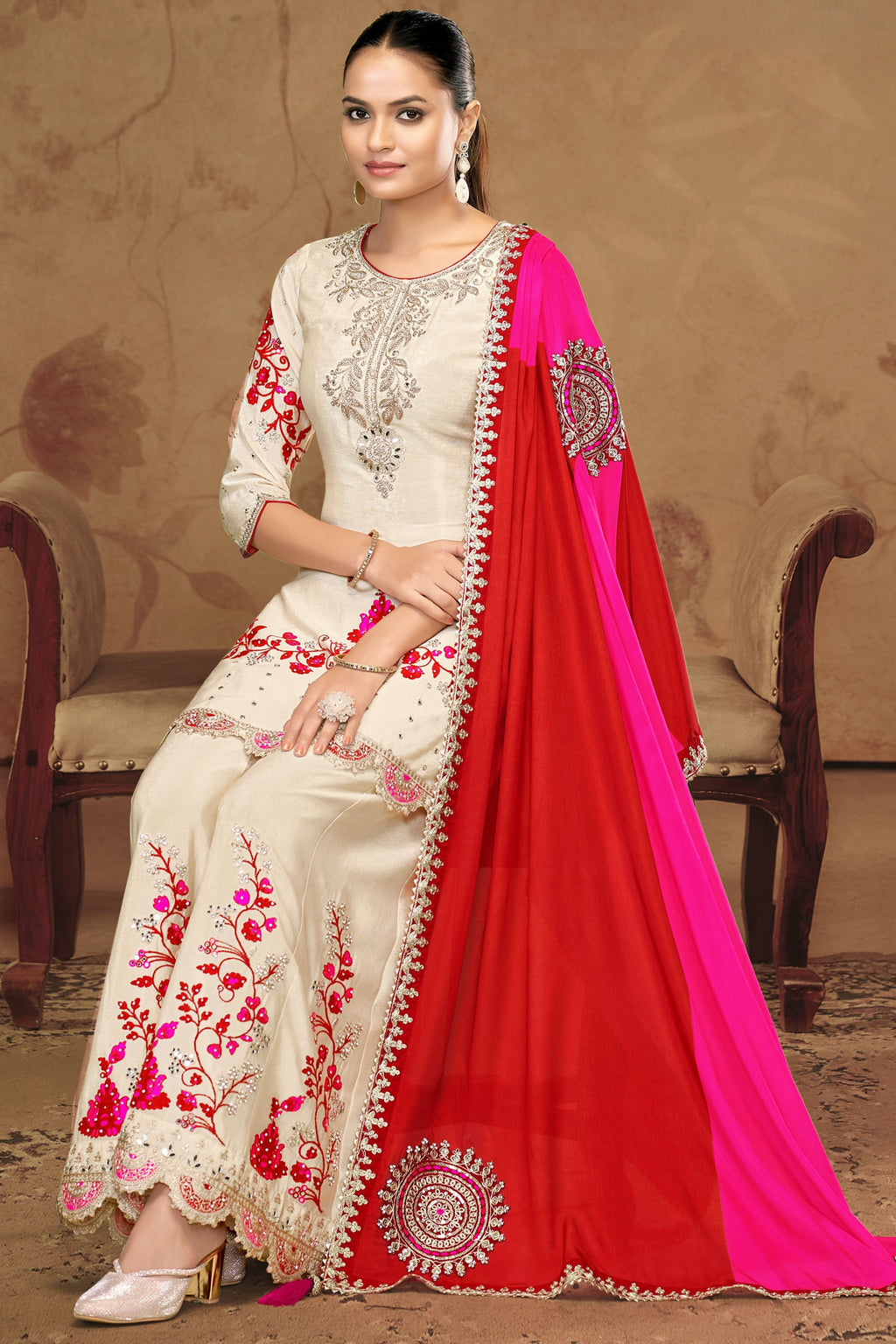 Cream Chinon Silk Palazzo Suit For Indian Wedding & Pakistani Festival - Thread Embroidery Work, Sequence Embroidery Work, Real Mirror Work, Print Work