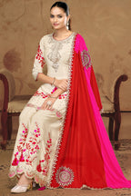 Cream Chinon Silk Palazzo Suit For Indian Wedding & Pakistani Festival - Thread Embroidery Work, Sequence Embroidery Work, Real Mirror Work, Print Work