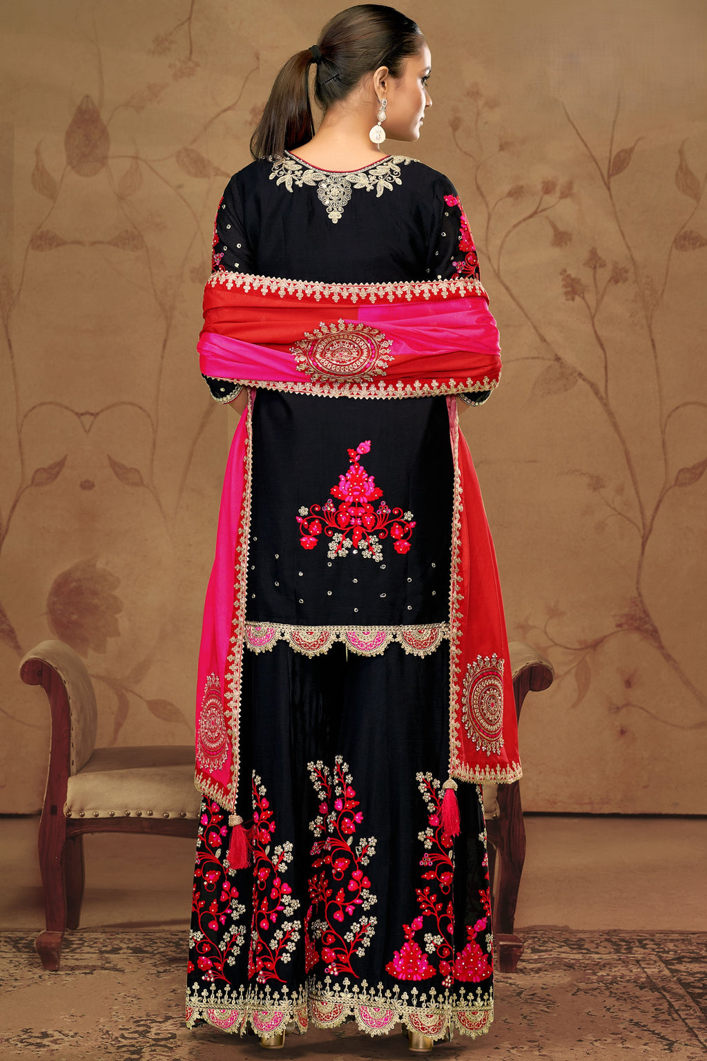 Black Chinon Silk Palazzo Suit For Indian Wedding & Pakistani Festival - Thread Embroidery Work, Sequence Embroidery Work, Real Mirror Work, Print Work