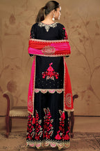 Black Chinon Silk Palazzo Suit For Indian Wedding & Pakistani Festival - Thread Embroidery Work, Sequence Embroidery Work, Real Mirror Work, Print Work